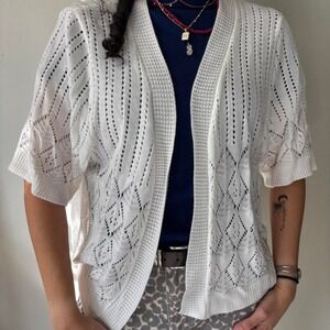 White Cottagecore White knit short sleeve cardigan with diamond pattern size 1X